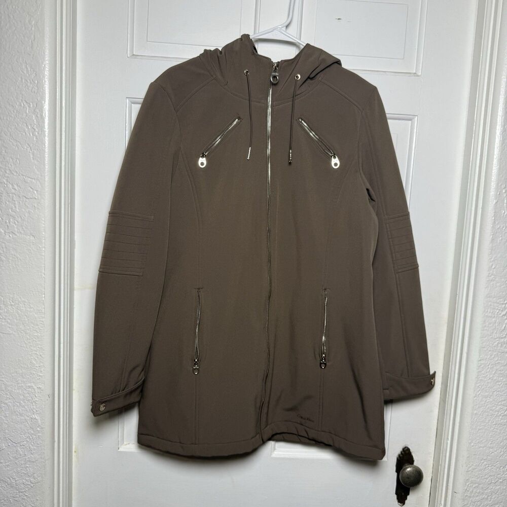 Calvin Klein Brown Hooded Softshell Jacket Size L Zip Pockets Gold Hardware